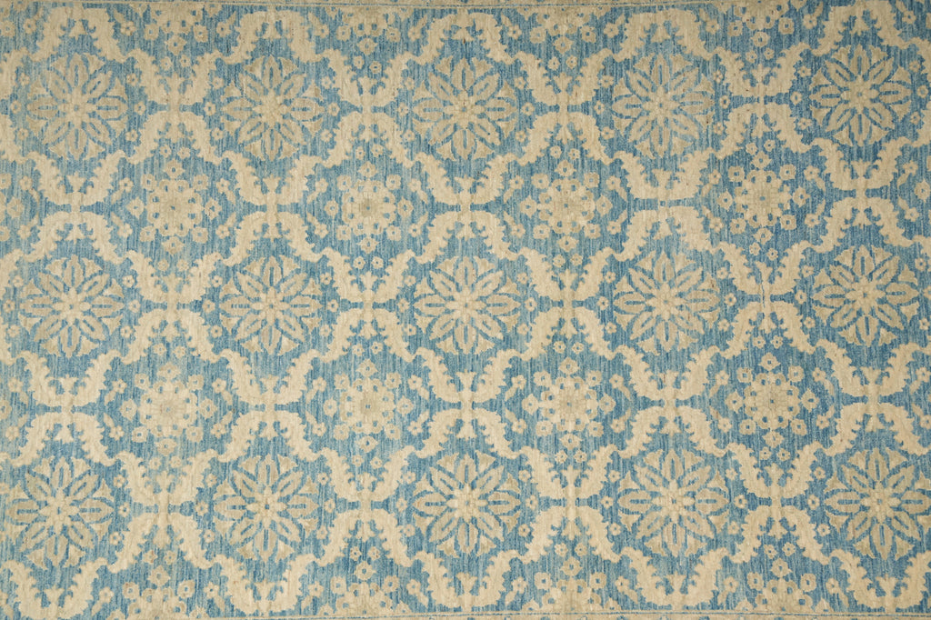 Patterned fabric with blue and beige design