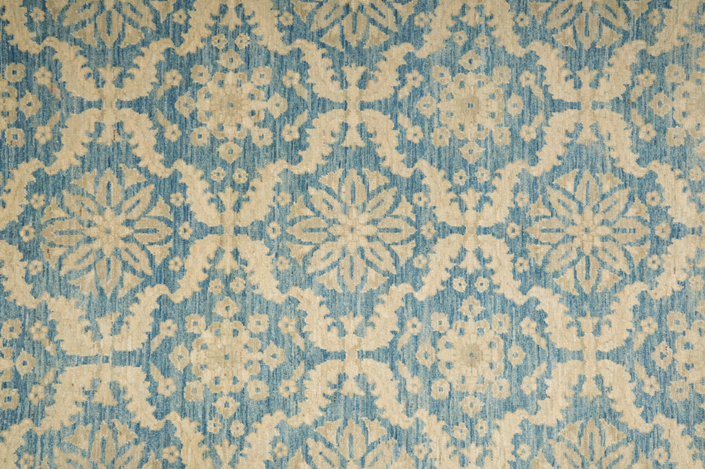 Patterned fabric with blue and beige design