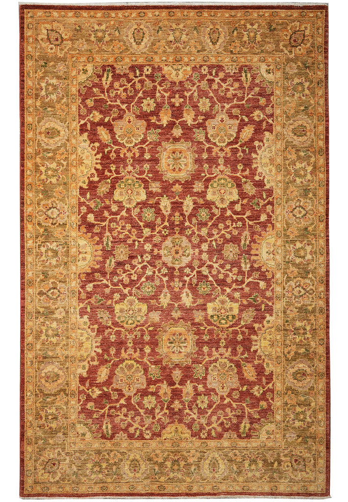 Decorative rug with intricate patterns in red and beige on a white background
