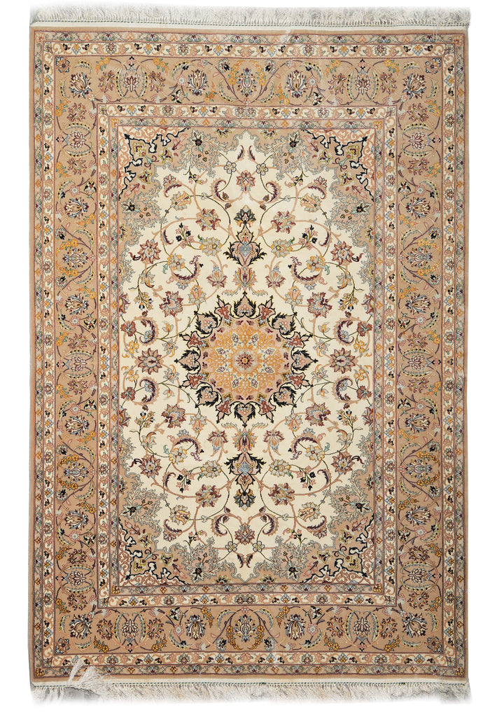 Decorative rug with intricate patterns and a central medallion on a beige background
