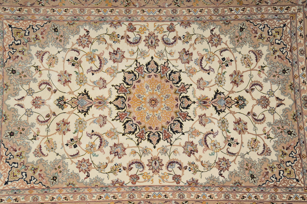 Decorative rug with intricate patterns and colors on a beige background