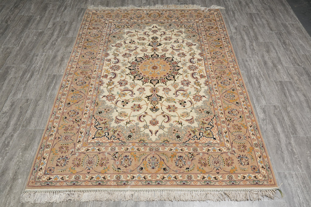 Decorative rug with intricate patterns on a wooden floor