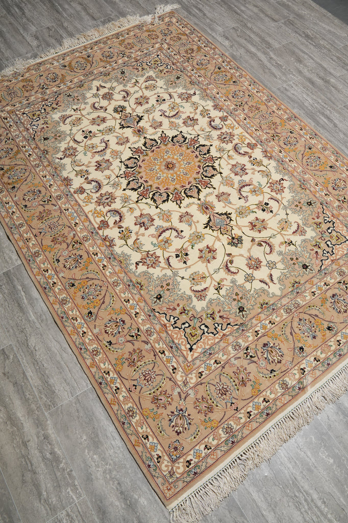 Decorative rug with intricate patterns on a wooden floor
