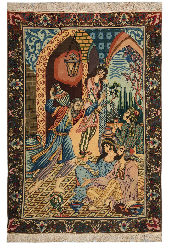 3.4 x 5 Authentic Iran Pictorial Persian Rug Wool and Silk on Silk 400 KPSI #LA-53202