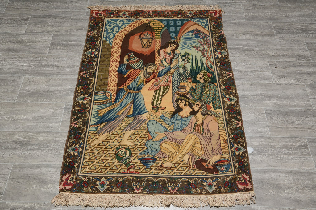 3.4 x 5 Authentic Iran Pictorial Persian Rug Wool and Silk on Silk 400 KPSI #LA-53202