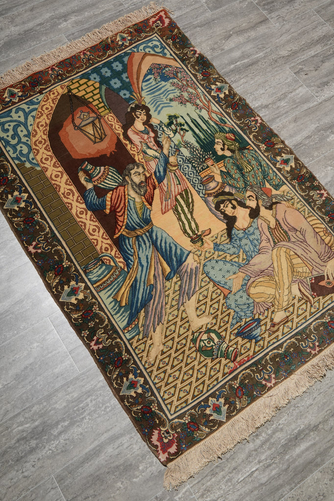 3.4 x 5 Authentic Iran Pictorial Persian Rug Wool and Silk on Silk 400 KPSI #LA-53202