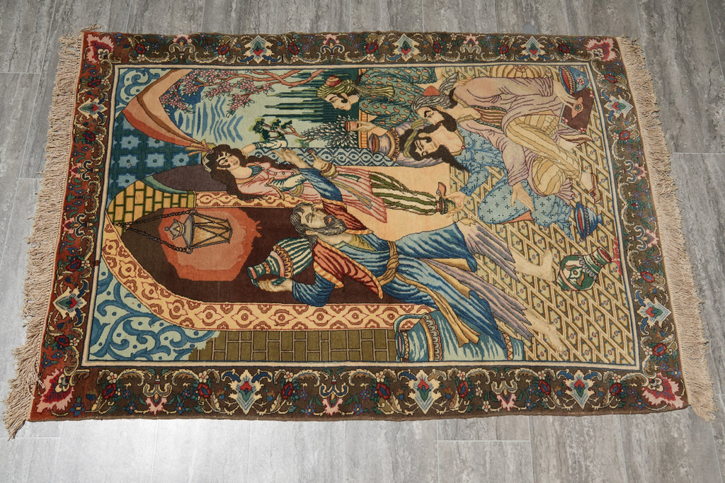 3.4 x 5 Authentic Iran Pictorial Persian Rug Wool and Silk on Silk 400 KPSI #LA-53202
