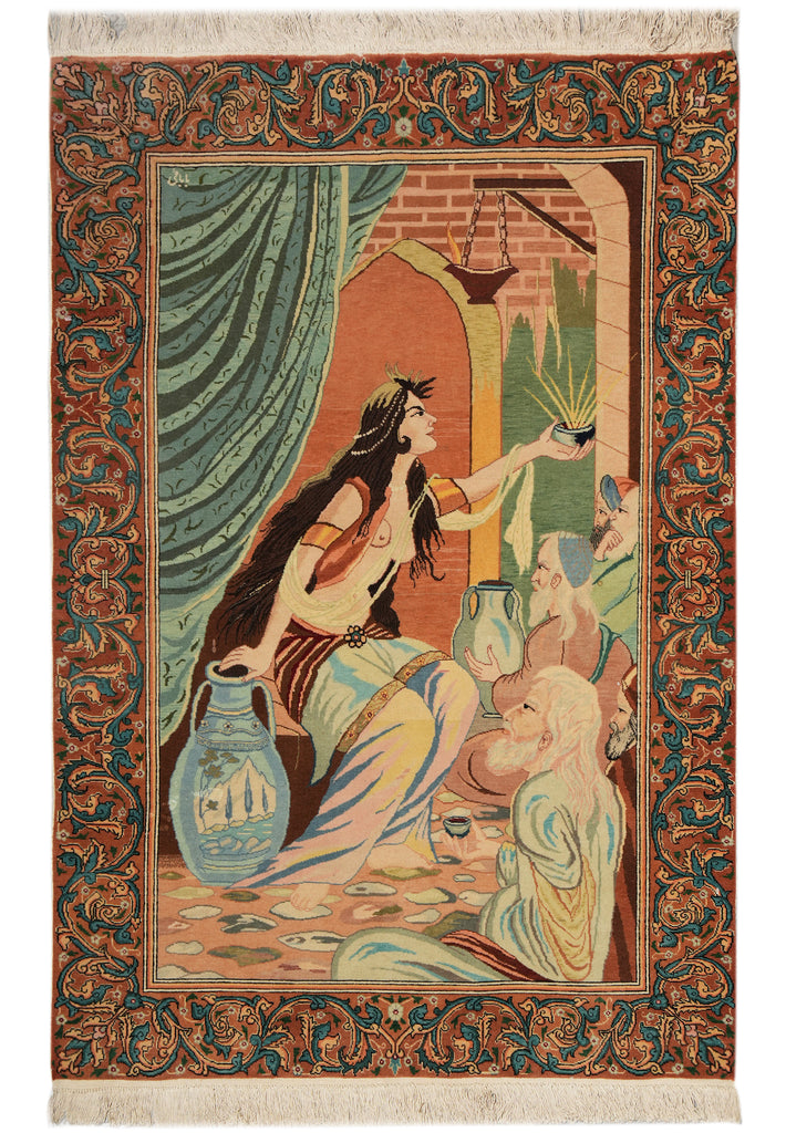 3.4 x 5.3 Authentic Iran Pictorial Rug Fine Persian Wool and Silk 400 KPSI #LA-53203