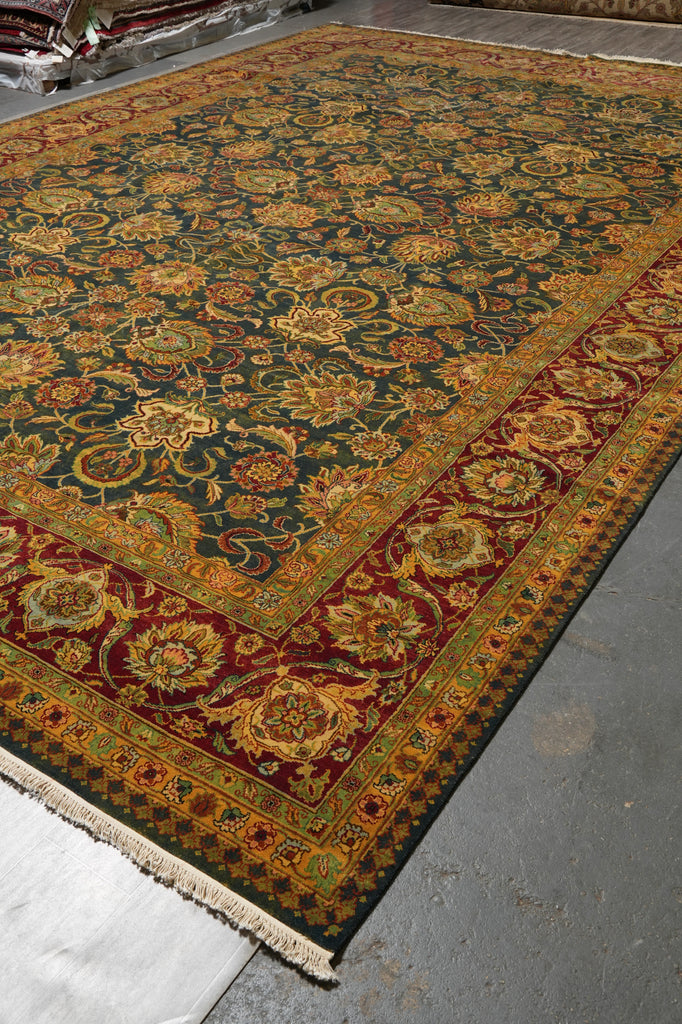 12 x 17.8 Quality Jaipur Rug Blue Green Gold Antique Reproduction #PIX-6778