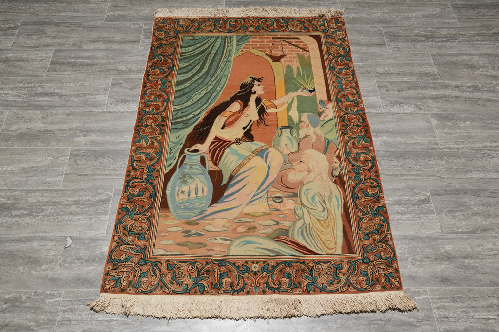 3.4 x 5.3 Authentic Iran Pictorial Rug Fine Persian Wool and Silk 400 KPSI #LA-53203