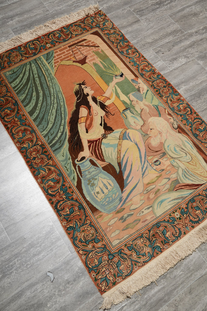 3.4 x 5.3 Authentic Iran Pictorial Rug Fine Persian Wool and Silk 400 KPSI #LA-53203