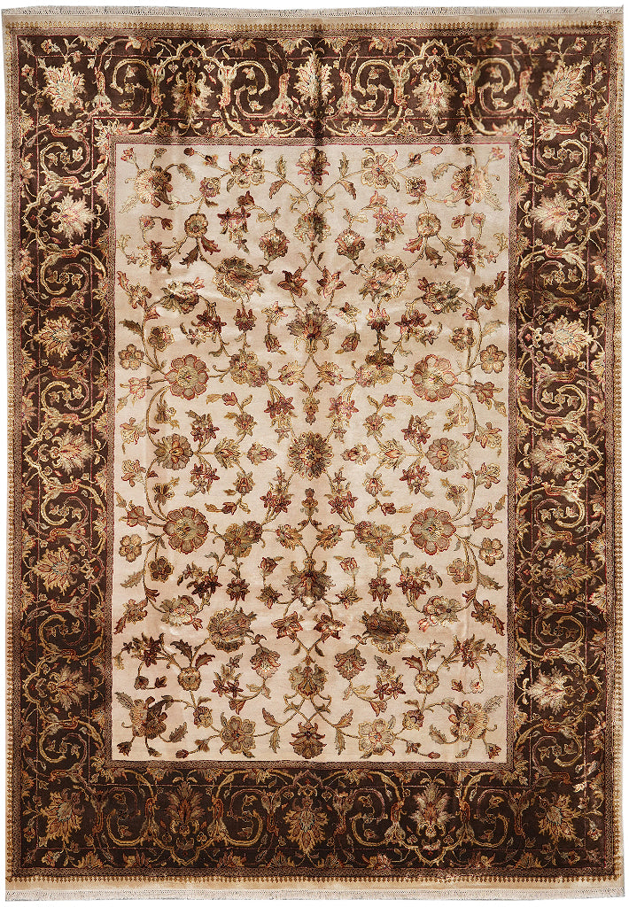 8.10 x 12 High Quality Hand-knotted Jaipur Rug Wool And Silk Ivory Brown #F-4292
