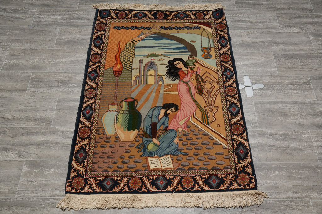 3.4 x 5 Authentic Persian Tabriz Rug Pictoria Iran Fine Hand-Knotted 500+ KPSI Wool and Silk #LA-53201