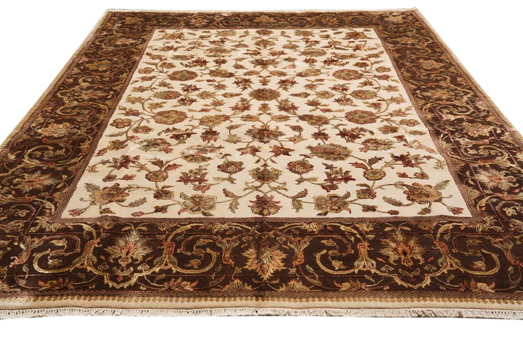 8.10 x 12 High Quality Hand-knotted Jaipur Rug Wool And Silk Ivory Brown #F-4292