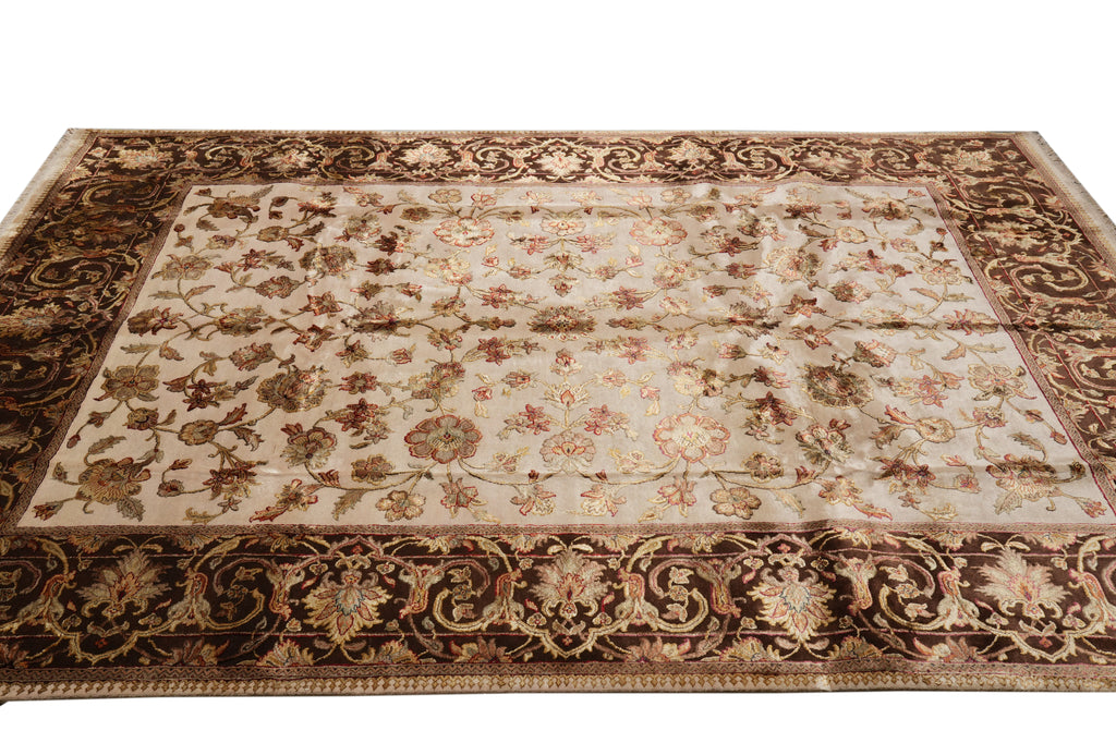 8.10 x 12 High Quality Hand-knotted Jaipur Rug Wool And Silk Ivory Brown #F-4292