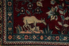 Load image into Gallery viewer, Close-up of a rug with deer and floral patterns on a dark red background