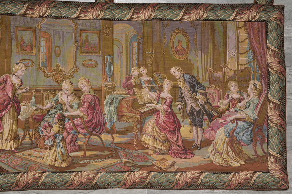 Decorative tapestry depicting a classical scene with people in a room.