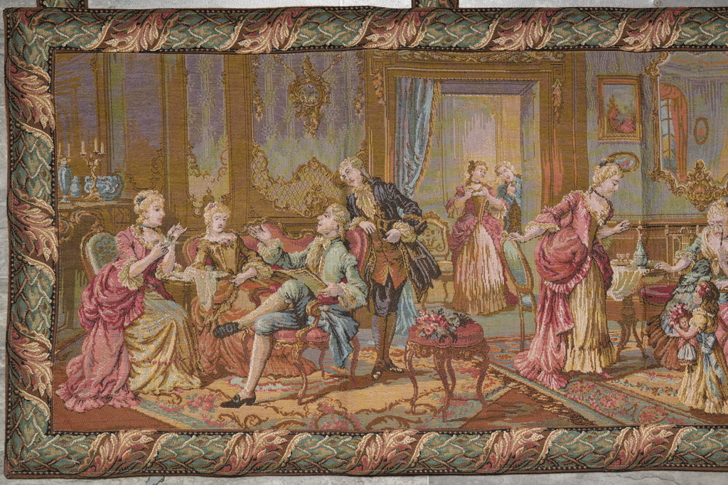 Decorative tapestry depicting a scene from classical times with people in formal attire.