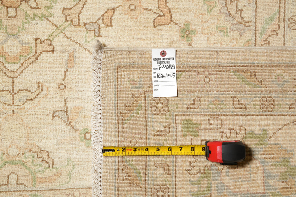 10.2 x 14.5 Chobi Peshawar Carpet Hand-knotted In Pakistan Neutral Beige With Sage Green #F-4294