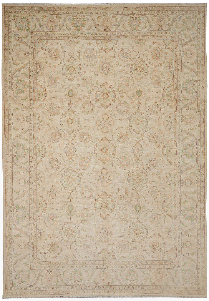 10.2 x 14.5 Chobi Peshawar Carpet Hand-knotted In Pakistan Neutral Beige With Sage Green #F-4294