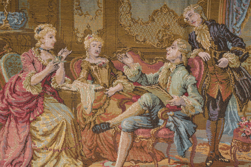 Decorative tapestry of a scene with four people in 18th-century attire.