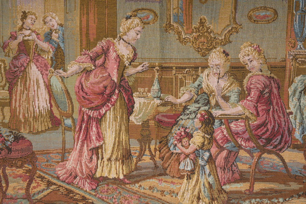Decorative tapestry of a scene with people in a room with intricate details