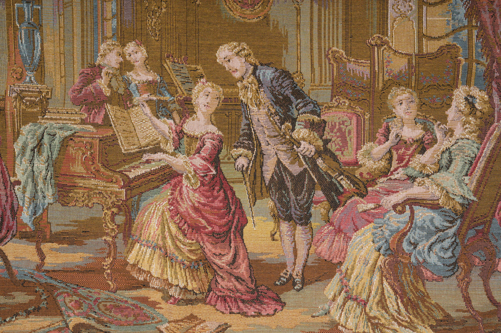 Tapestry depicting a classical scene with people in formal attire in an elegant room.