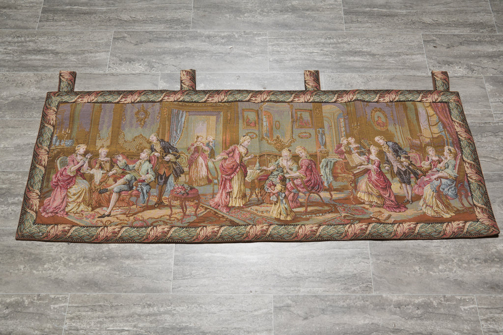 Decorative tapestry with historical scene on a wooden floor