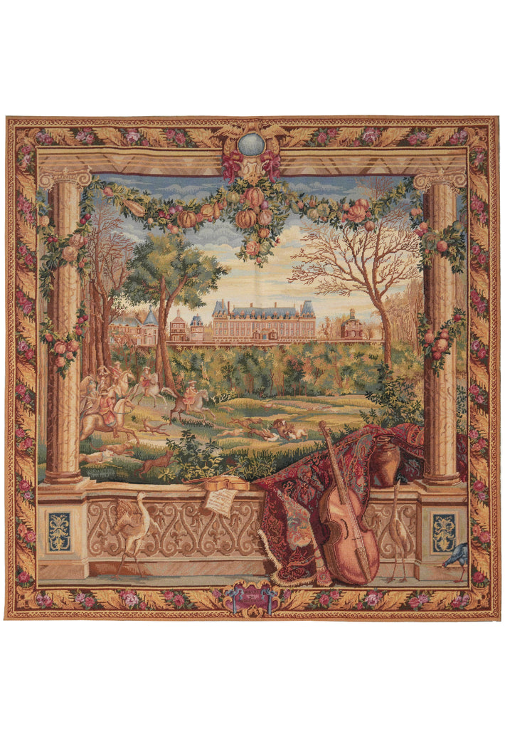 Decorative tapestry with classical scene, columns, and landscape