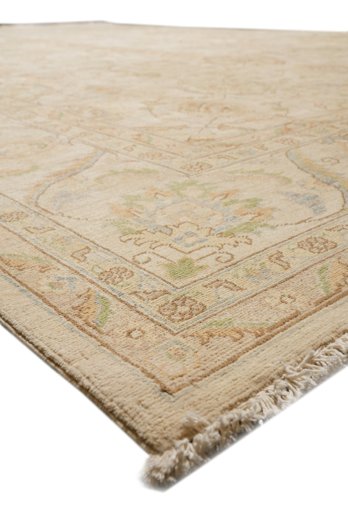 10.2 x 14.5 Chobi Peshawar Carpet Hand-knotted In Pakistan Neutral Beige With Sage Green #F-4294