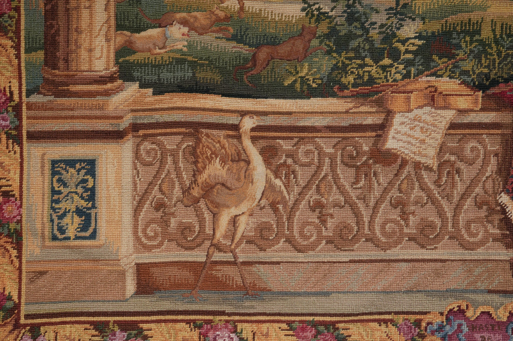 Decorative tapestry with a bird, columns, and floral elements