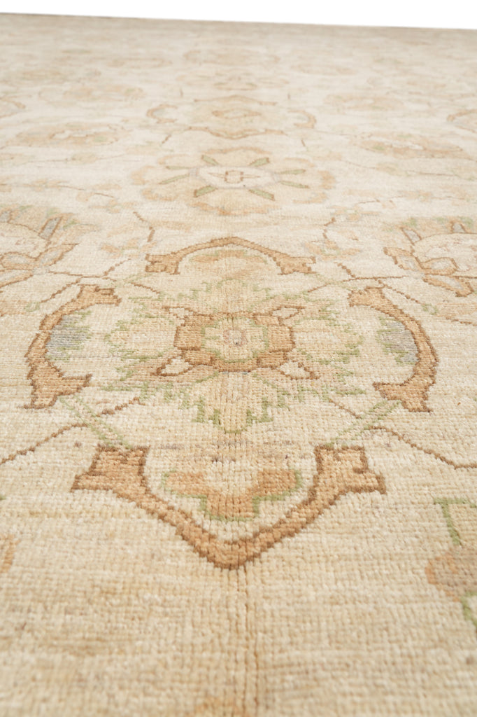 10.2 x 14.5 Chobi Peshawar Carpet Hand-knotted In Pakistan Neutral Beige With Sage Green #F-4294