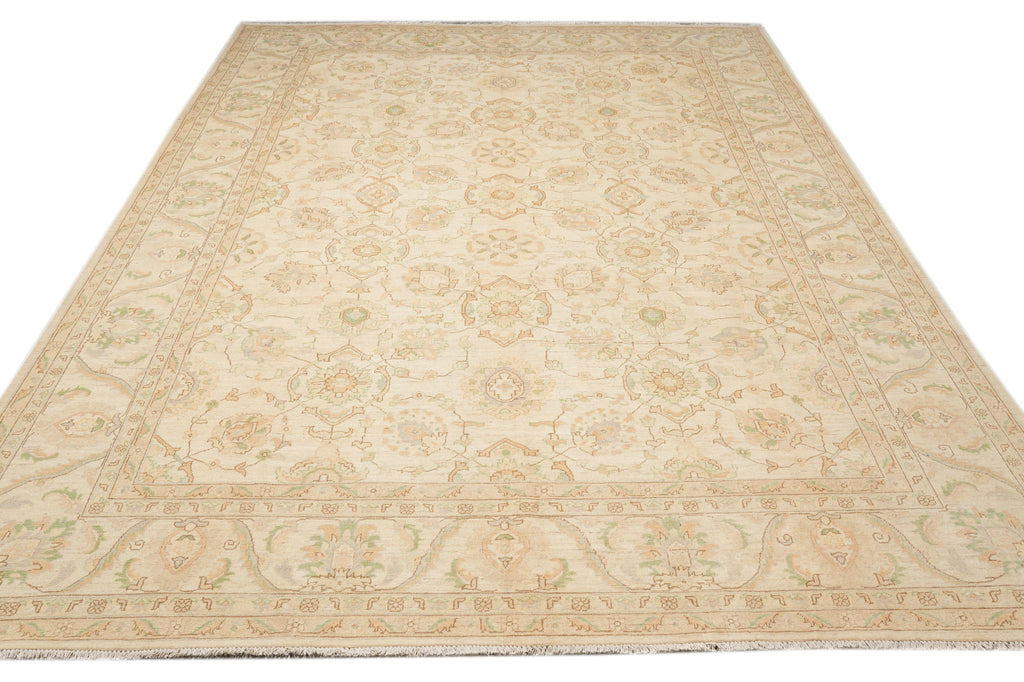10.2 x 14.5 Chobi Peshawar Carpet Hand-knotted In Pakistan Neutral Beige With Sage Green #F-4294