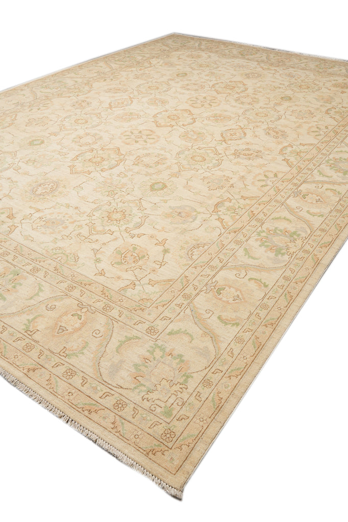 10.2 x 14.5 Chobi Peshawar Carpet Hand-knotted In Pakistan Neutral Beige With Sage Green #F-4294