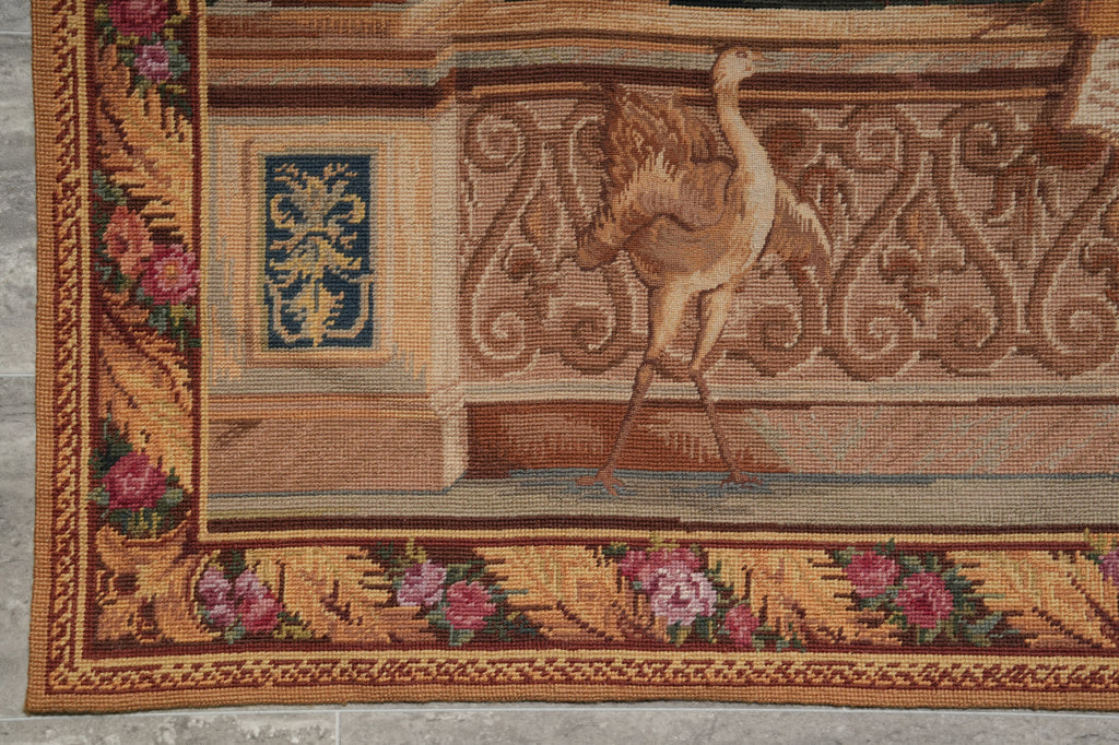 Decorative rug with a crane design and floral patterns on a wooden floor.