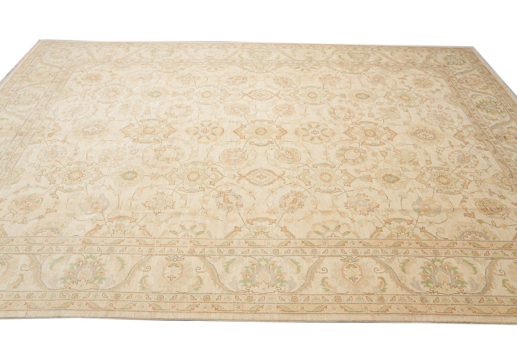 10.2 x 14.5 Chobi Peshawar Carpet Hand-knotted In Pakistan Neutral Beige With Sage Green #F-4294
