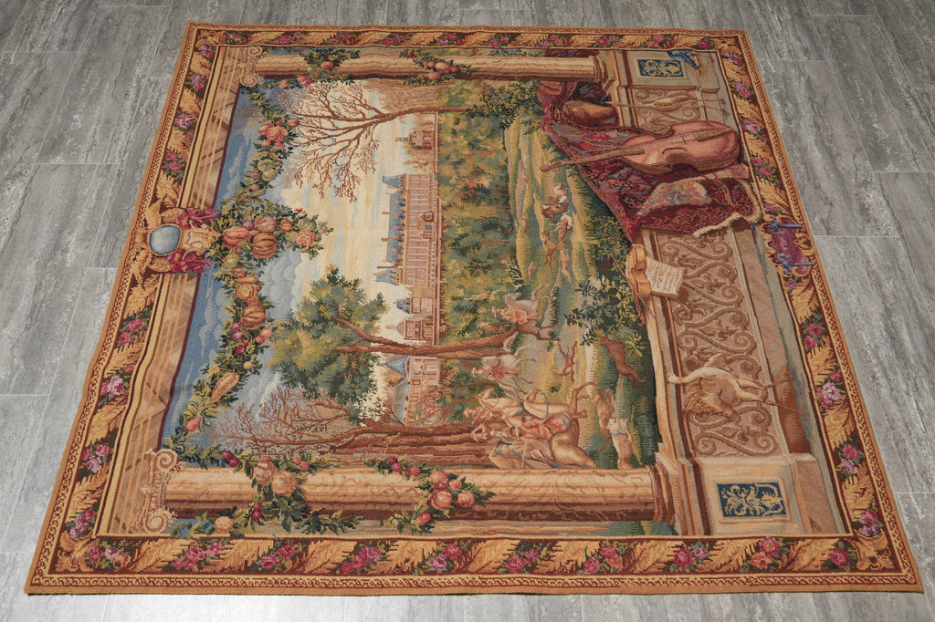 Decorative rug with classical scene design on a wooden floor