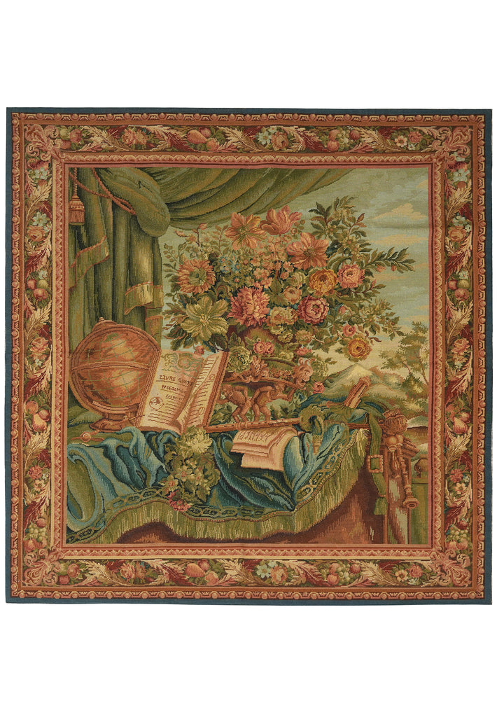 Decorative tapestry with classical scene featuring books, flowers, and a globe.