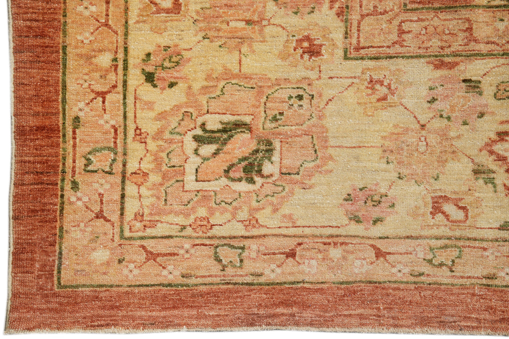 10.3 x 13.9 New Hand-knotted In Pakistan Peshawar Rug Rust With Coral #F-4295