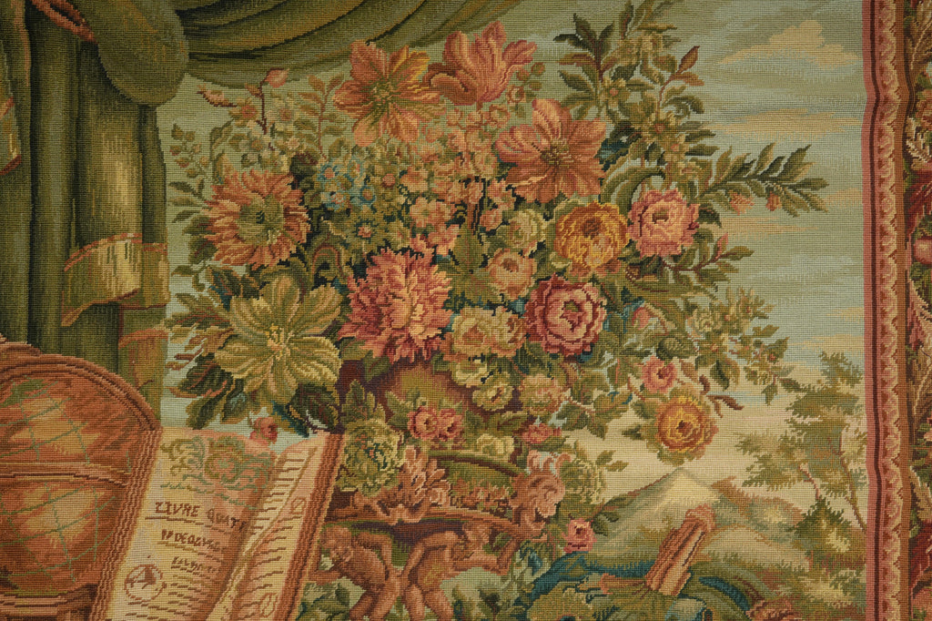 Decorative tapestry with floral design and classical elements