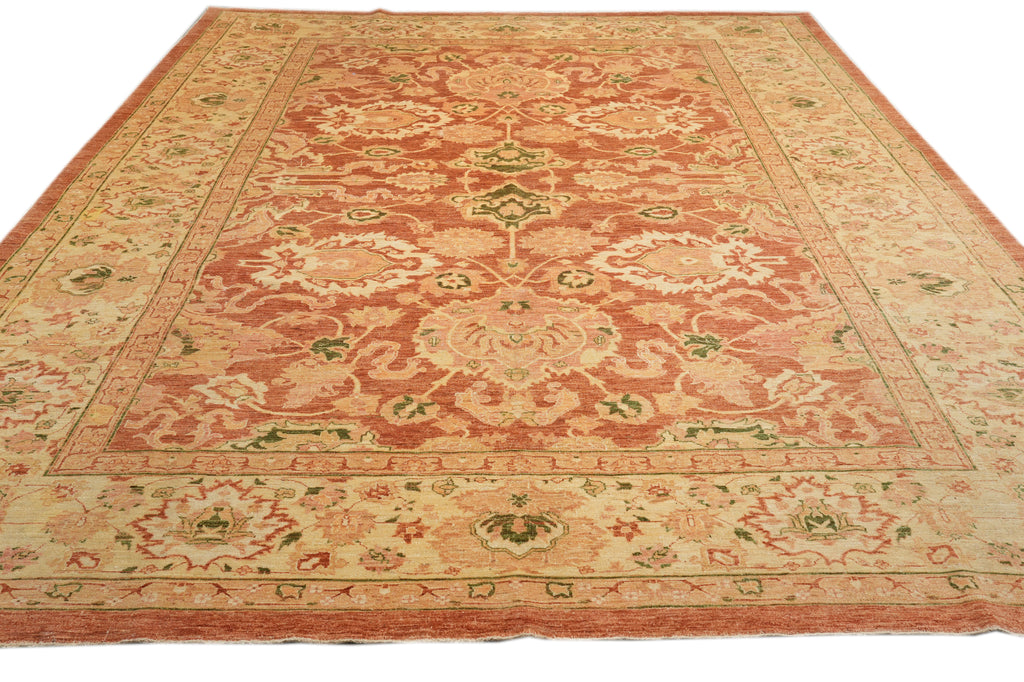 10.3 x 13.9 New Hand-knotted In Pakistan Peshawar Rug Rust With Coral #F-4295