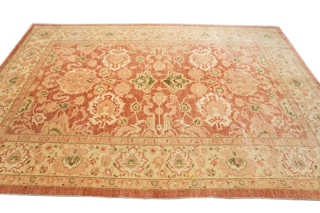 10.3 x 13.9 New Hand-knotted In Pakistan Peshawar Rug Rust With Coral #F-4295