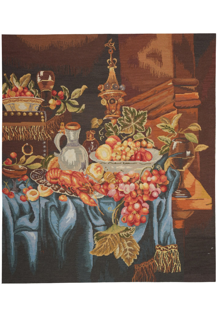 Decorative tapestry of a table with fruits and a candlestick