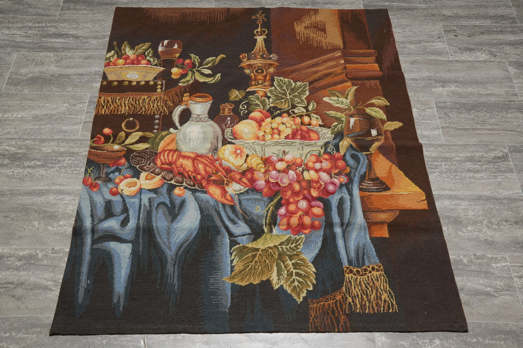Decorative rug with a still life design on a wooden floor