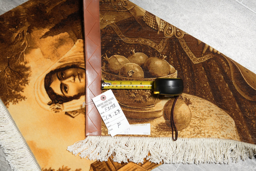 Decorative rug with artistic design and measuring tape on a textured surface