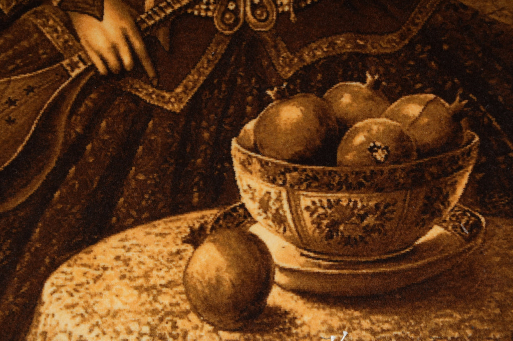 Vintage still life with a bowl of apples and a person in formal attire.