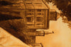 Load image into Gallery viewer, Sepia-toned illustration of a building with a clock tower on a hillside.