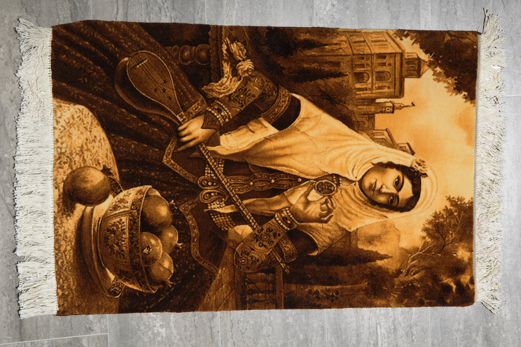 Vintage-style rug with a central figure holding a lyre, surrounded by fruit and architectural elements.