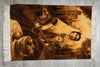 Load image into Gallery viewer, Vintage-style rug with a central figure holding a lyre, surrounded by fruit and architectural elements.