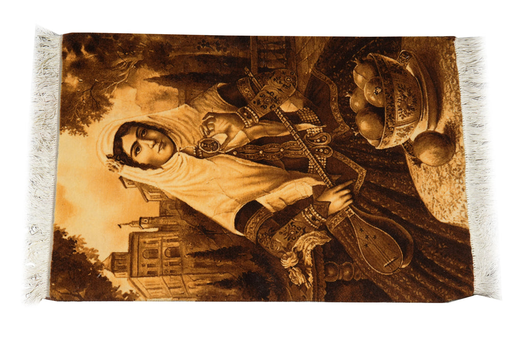 Textile with a sepia-toned print of a person in formal attire, possibly a judge, with architectural background.
